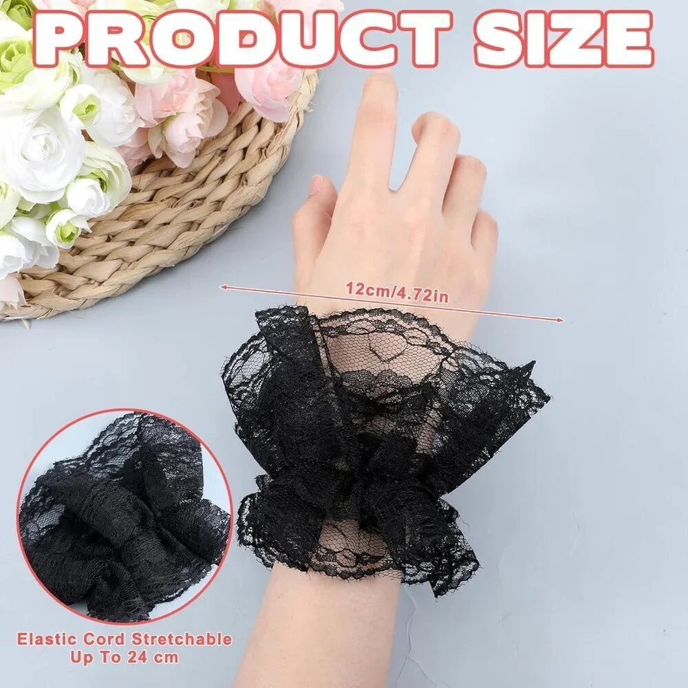 Women's Black Short Elastic Hand Sleeve Gloves Ruffled Floral Cuff Accessories